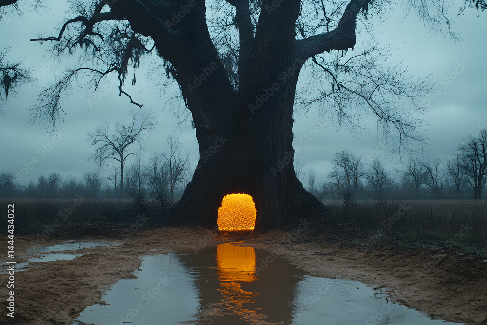 Poster enigmatic glowing honeycomb within the hollow of an ancient tree, reflecting in a puddle; moody, atm