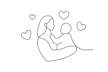 Minimalist line art illustration of mother holding baby with hearts symbolizing love