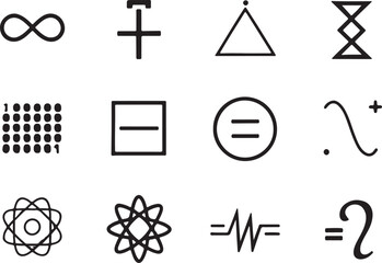 Set of 12 outline icons related to shapes of infinity, sigma, square root, integral pi and more symbols. Linear icon collection. Editable stroke line art. Vector illustration.