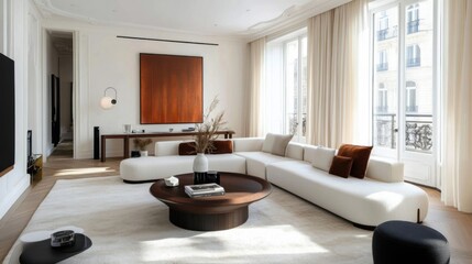 Fototapeta premium Elegant living room with minimal setup and white backdrop