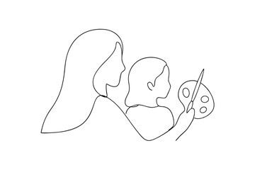 Mother and child painting together one line drawing simple artistic concept