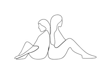 Two women sitting back to back in minimalist continuous line art