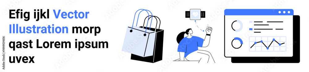 Poster shopping bags, person using smartphone with digital data interaction, analytics dashboard. ideal for
