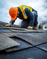 Construction Worker Inspecting Damaged Roof Shingles