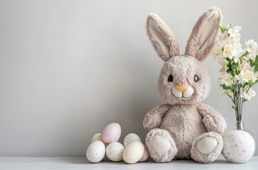 Isolated rabbit plush toy with Easter eggs on a