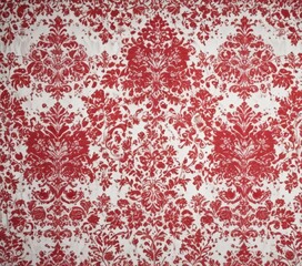 Crimson flocking wallpaper, damask pattern on white  Retro vintage design , shabby chic, antique