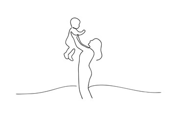 Continuous line drawing mother holding up baby simple minimalist illustration