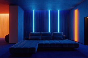 Modern, dimly lit home theater with a plush, blue sectional sofa and vibrant neon lighting