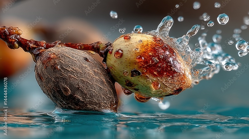 Poster Close-up of almonds with water splashes creating a refreshing and vibrant scene