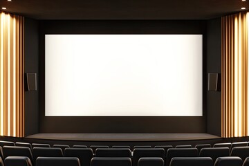 Fototapeta premium Empty movie theater, large screen, dark seating Spacious cinema interior with a blank white projection screen, dark theater seats, and gold accents on the walls