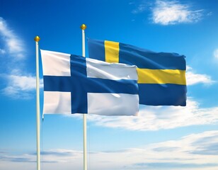 finland and sweden flag waving with blue sky background