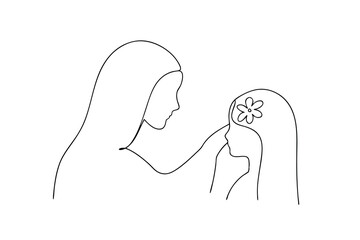 Continuous line drawing of mother and daughter bonding with flower graphic