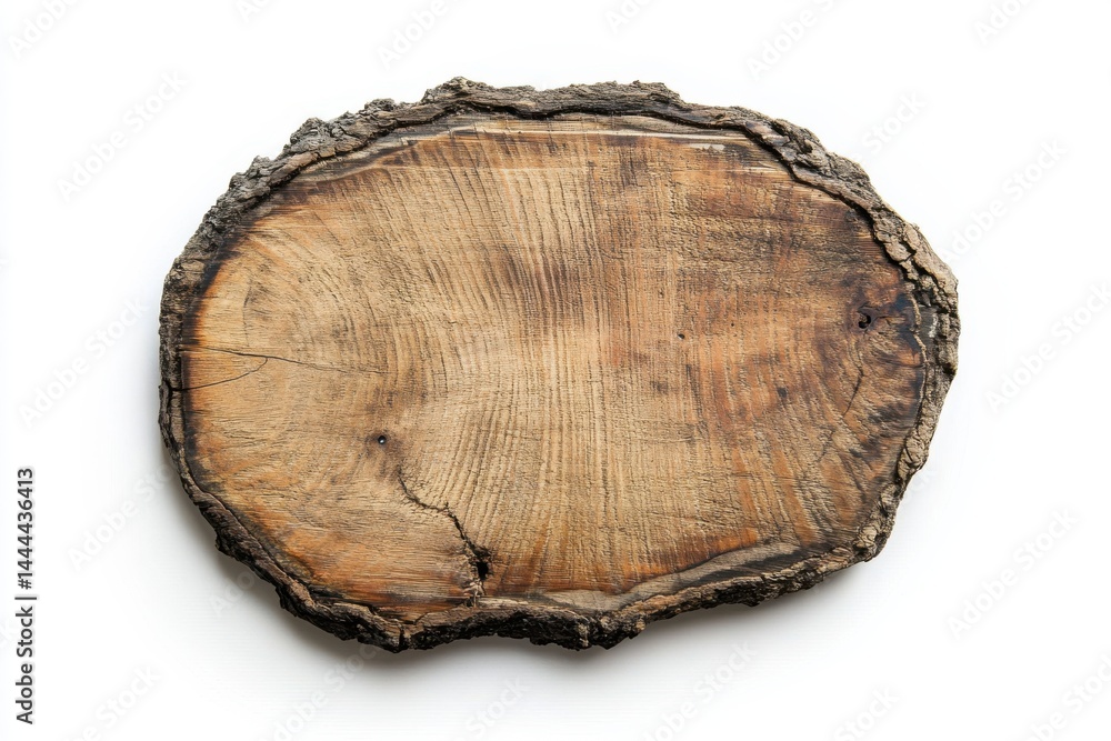 Poster a close up of a tree slice with bark on a white background showcasing the wood grain and texture