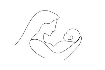 Minimalist line art illustration of mother holding newborn baby with love and care