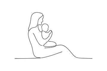 Minimalist one line drawing of a mother holding her baby child