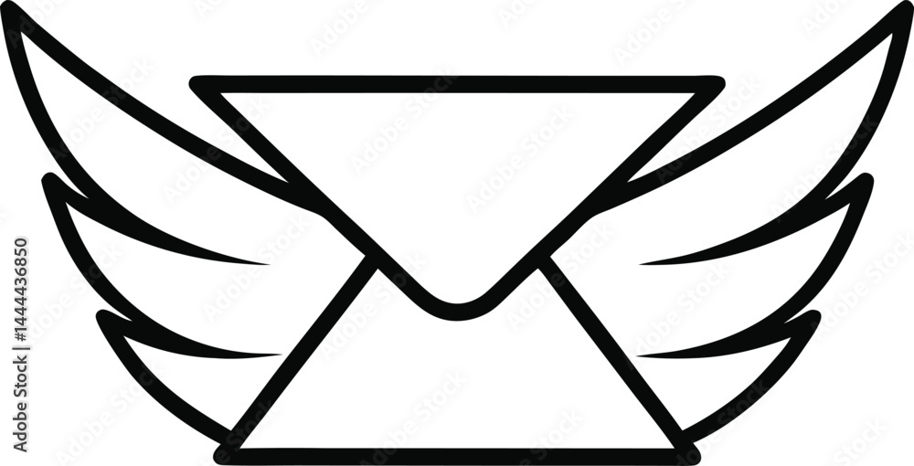 Poster flying envelope drawn in continuous line art style symbolizing mail delivery communication and freed