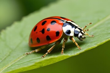 Fototapeta premium Macro close-up of a ladybug on a leaf, showcasing its vibrant red shell, black spots, and delicate legs, with soft natural lighting highlighting the fine details of its body.