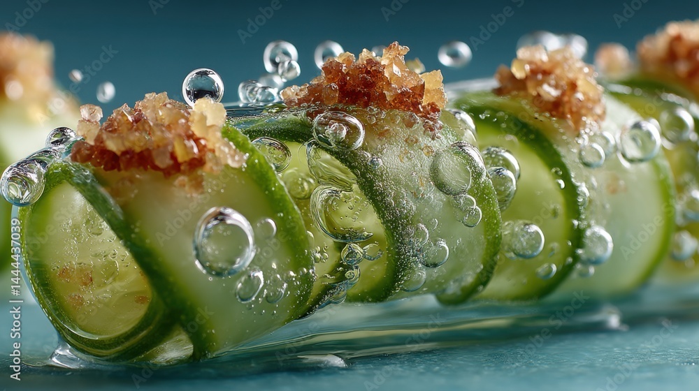Poster close-up of cucumber rolls with bubbles and garnish on a blue surface