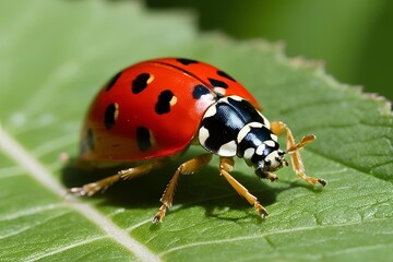 Fototapeta premium Macro close-up of a ladybug on a leaf, showcasing its vibrant red shell, black spots, and delicate legs, with soft natural lighting highlighting the fine details of its body.