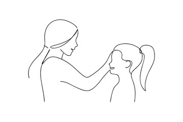 Minimalist illustration of mother combing daughters hair single line art