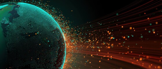 Obraz premium Abstract depiction of a globe with dynamic light particles, symbolizing global connectivity and technology.
