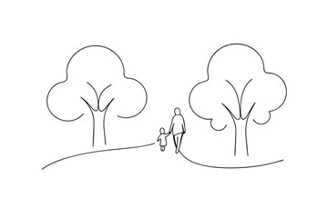 Minimalist line art illustration of mother and child walking under trees