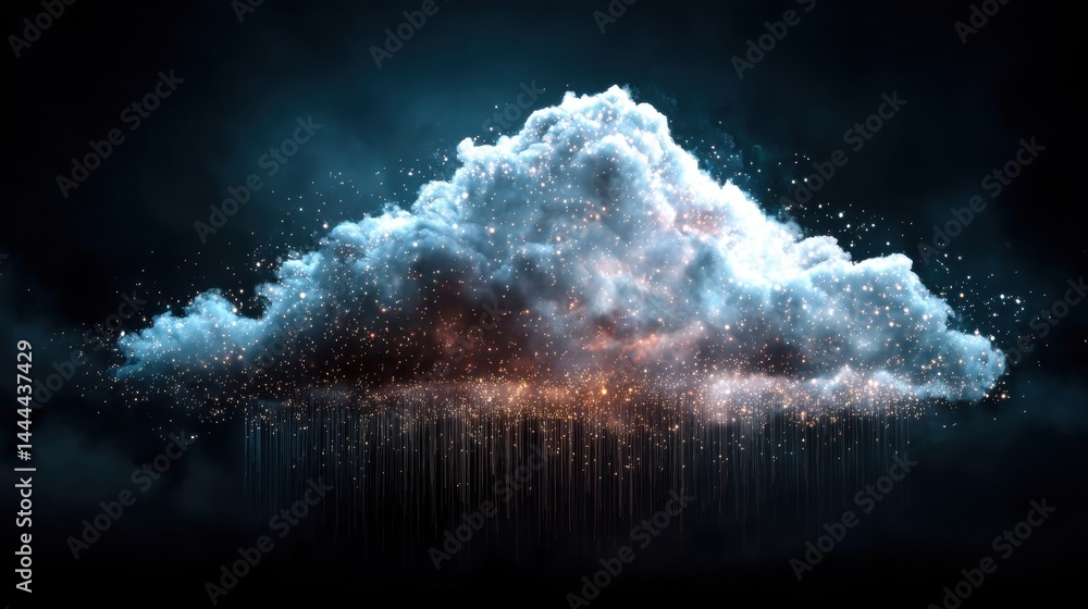 Poster ethereal cloud illuminated with shimmering particles against a dark backdrop, creating a mystical at
