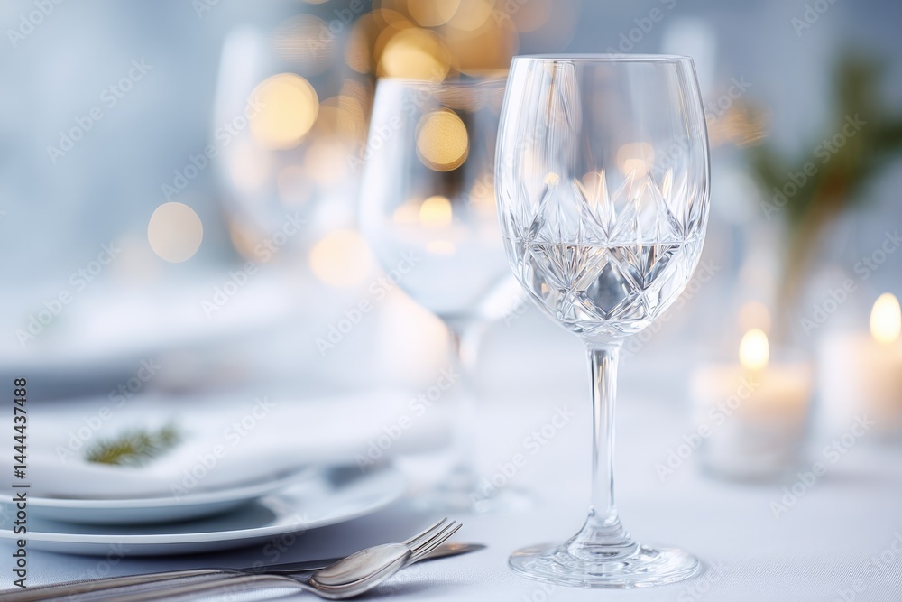 Poster elegant table setting with white tablecloth perfect minimalistic style surrounded by dim candlelight