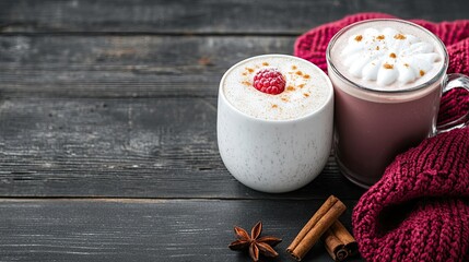 beverage + mocktail + cozy concept. Cozy mugs of hot chocolate with whipped cream, cinnamon, and a knitted blanket on a rustic wooden table.