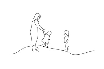 Mother helping child walk minimalist continuous line drawing family bonding illustration