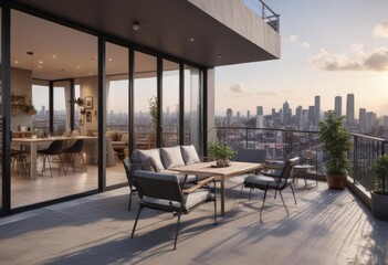 Modern city view apartment with rooftop terrace access,  exterior,  downtown,  sunrise