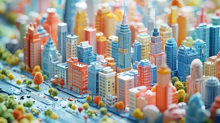 Vibrant miniature city model, colorful buildings, detailed streets, miniature cars, and trees