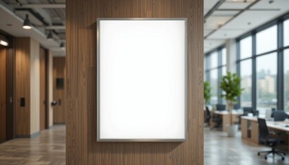 A sleek, modern silver framed blank poster stands against a rich wood-paneled wall, offering a