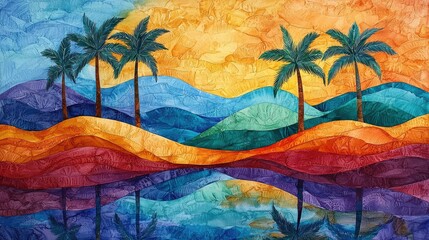 Vibrant landscape with palm trees and mirrored reflection