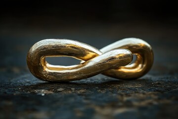Gold infinity symbol, close-up on dark textured surface  The sculpted piece is a rich golden hue, with a textured surface that catches the light  It rests on a dark, rough stone or metal base