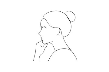 Continuous line drawing of a woman posing with hair bun hairstyle in white background