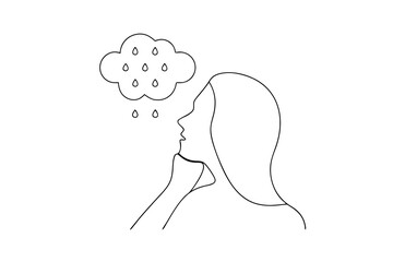Minimalist illustration of woman with rain cloud representing sadness and depression
