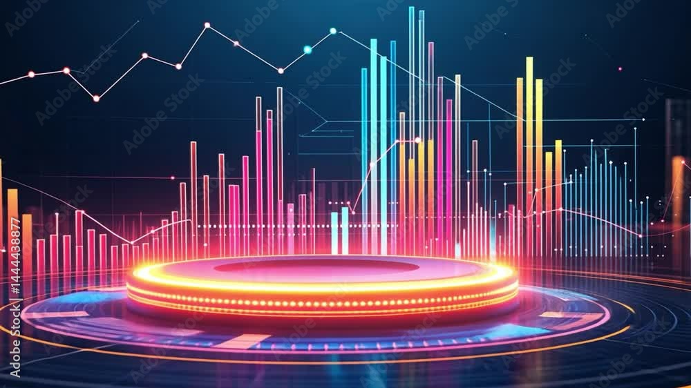 Poster abstract data visualization with colorful graphs and neon effects