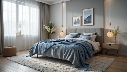 Serene bedroom scene showcasing a comfortable bed with a blue textured blanket,