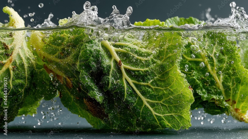 Poster close-up of fresh green cabbage leaves submerged in water with splashing effect