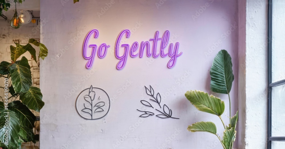 Poster pink wall displays neon script reading go gently. plants frame sign, window visible right. simple, c