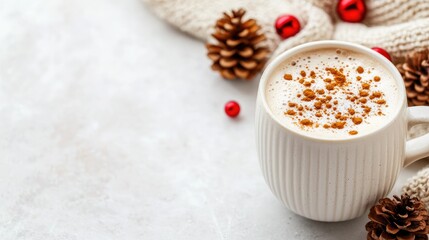 beverage + mocktail + cozy concept. Warm coffee mug surrounded by pinecones and festive decorations on a cozy surface.