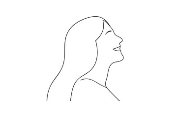 Smiling woman in profile simple line art on white background vector