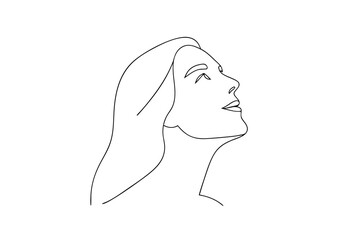 Minimalist line art portrait of a serene woman looking upward in peace