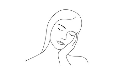 Minimalist line art portrait of a sleeping woman holding her face