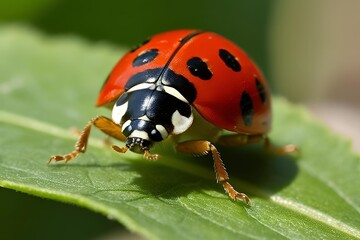 Fototapeta premium Macro close-up of a ladybug on a leaf, showcasing its vibrant red shell, black spots, and delicate legs, with soft natural lighting highlighting the fine details of its body.