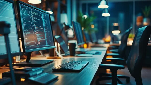 Modern office workspace with computer screens displaying code at night