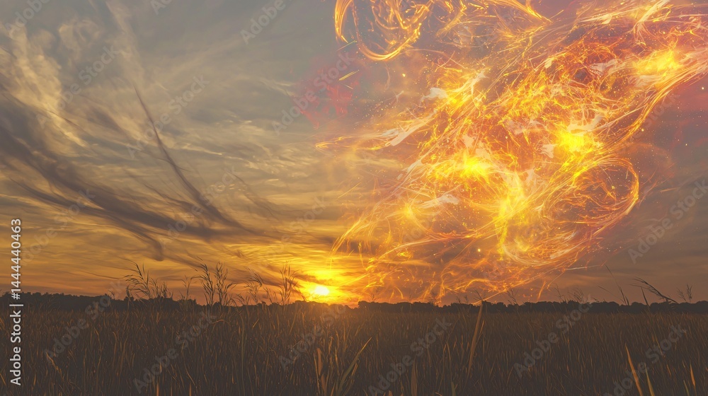 Poster explosive fireball in the sky casting dramatic light and shadows across the landscape evoking awe an