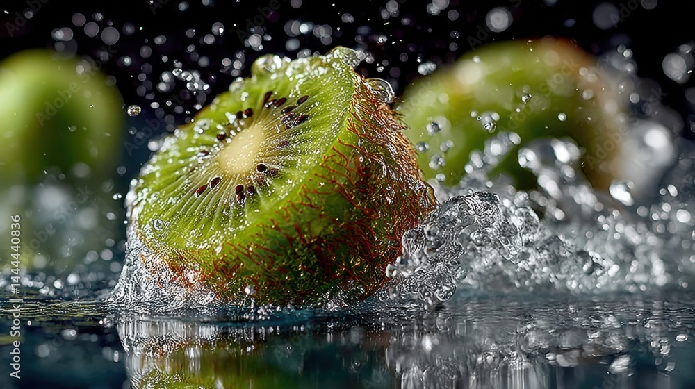 Poster close-up of fresh kiwi fruit slices splashing in water with dark background