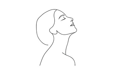 Minimalist woman portrait continuous line drawing head in the sky serene
